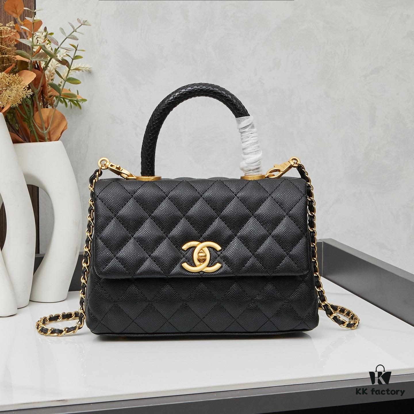New Arrival with Box, Mini Chanel Coco Handle in Black Calfskin with Gold Hardware and Red Handle