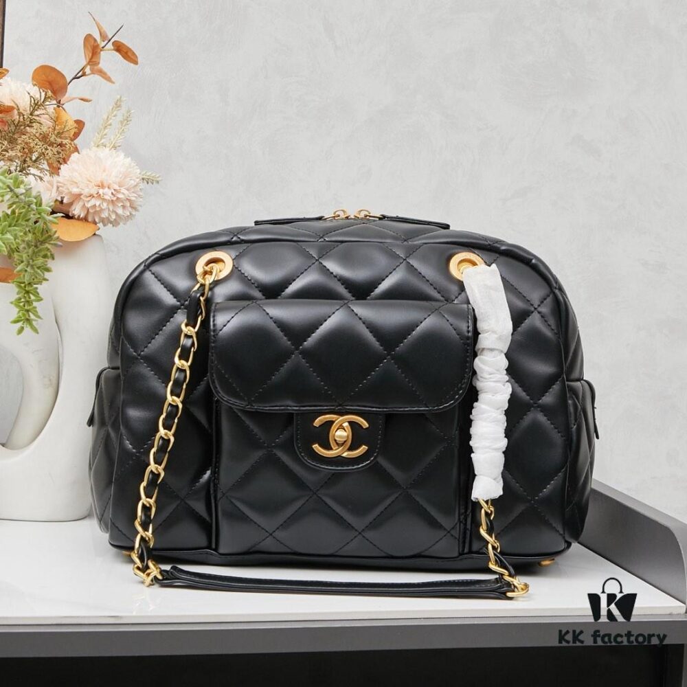 New Arrival Chanel 24A Bowling Bag in Black Crinkled Calfskin - Mini Size