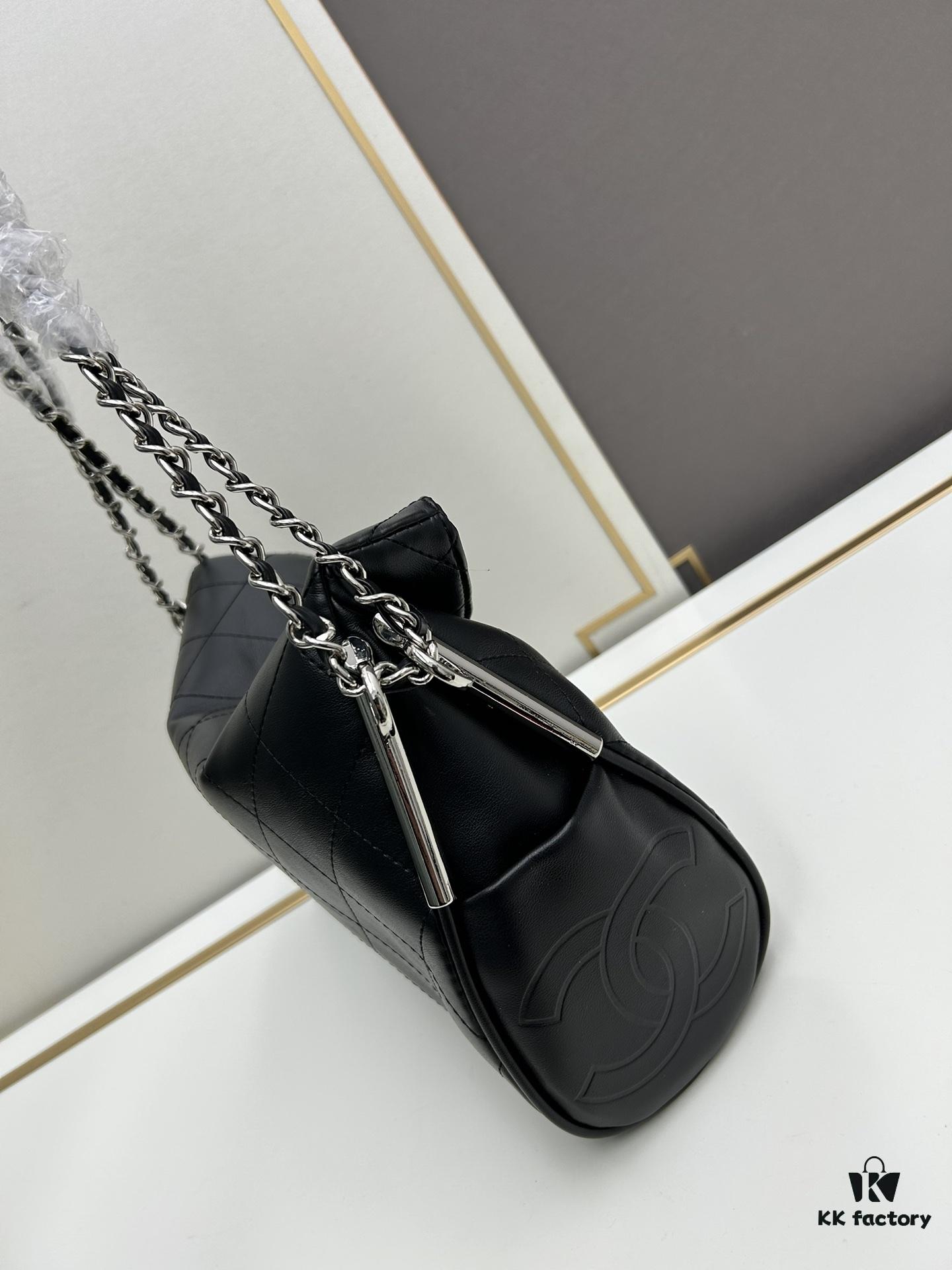New Small Size Chanel Black Silver Exterior Stitching Hobo Bag ②size