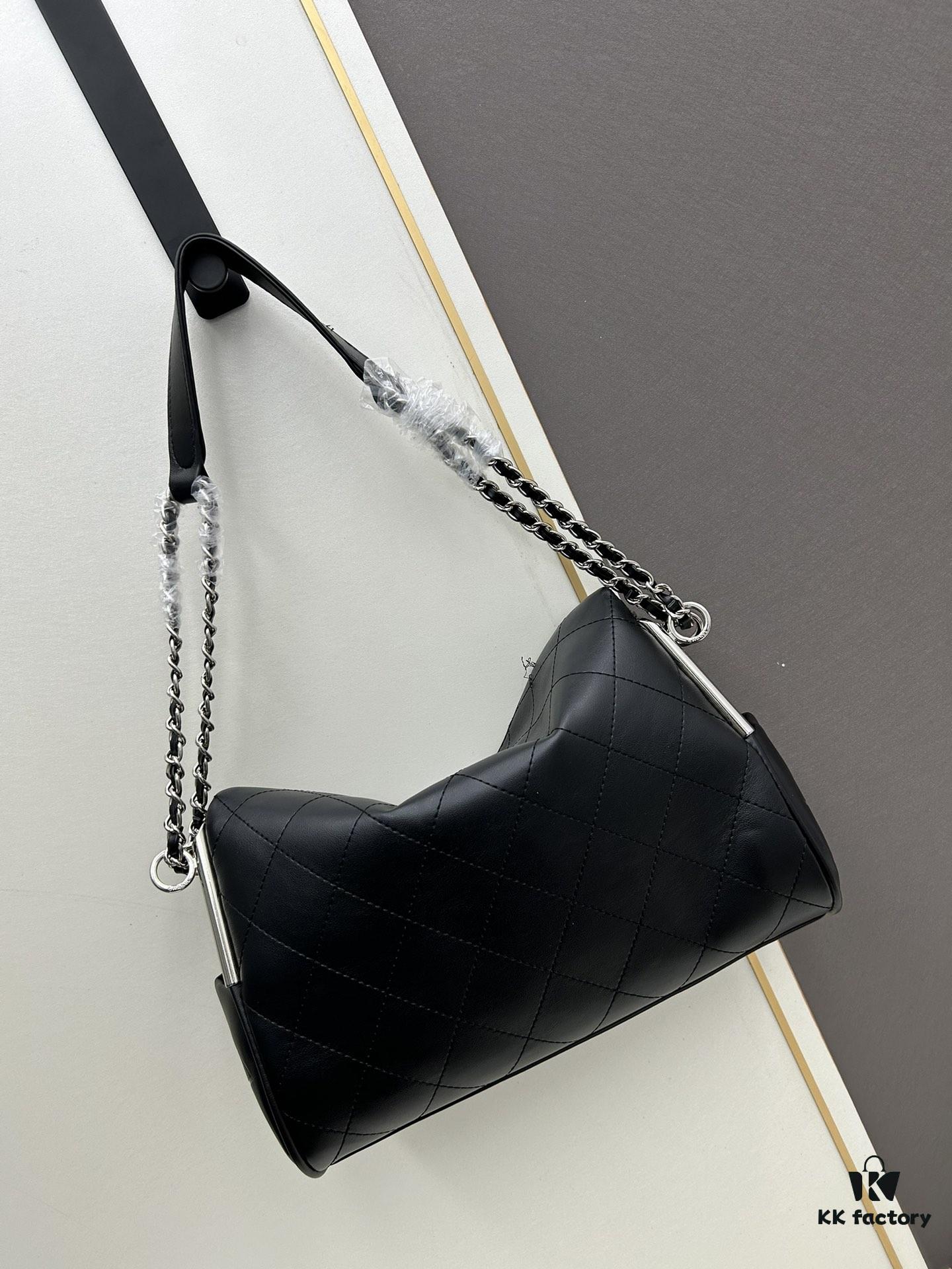 New Small Size Chanel Black Silver Exterior Stitching Hobo Bag ②size