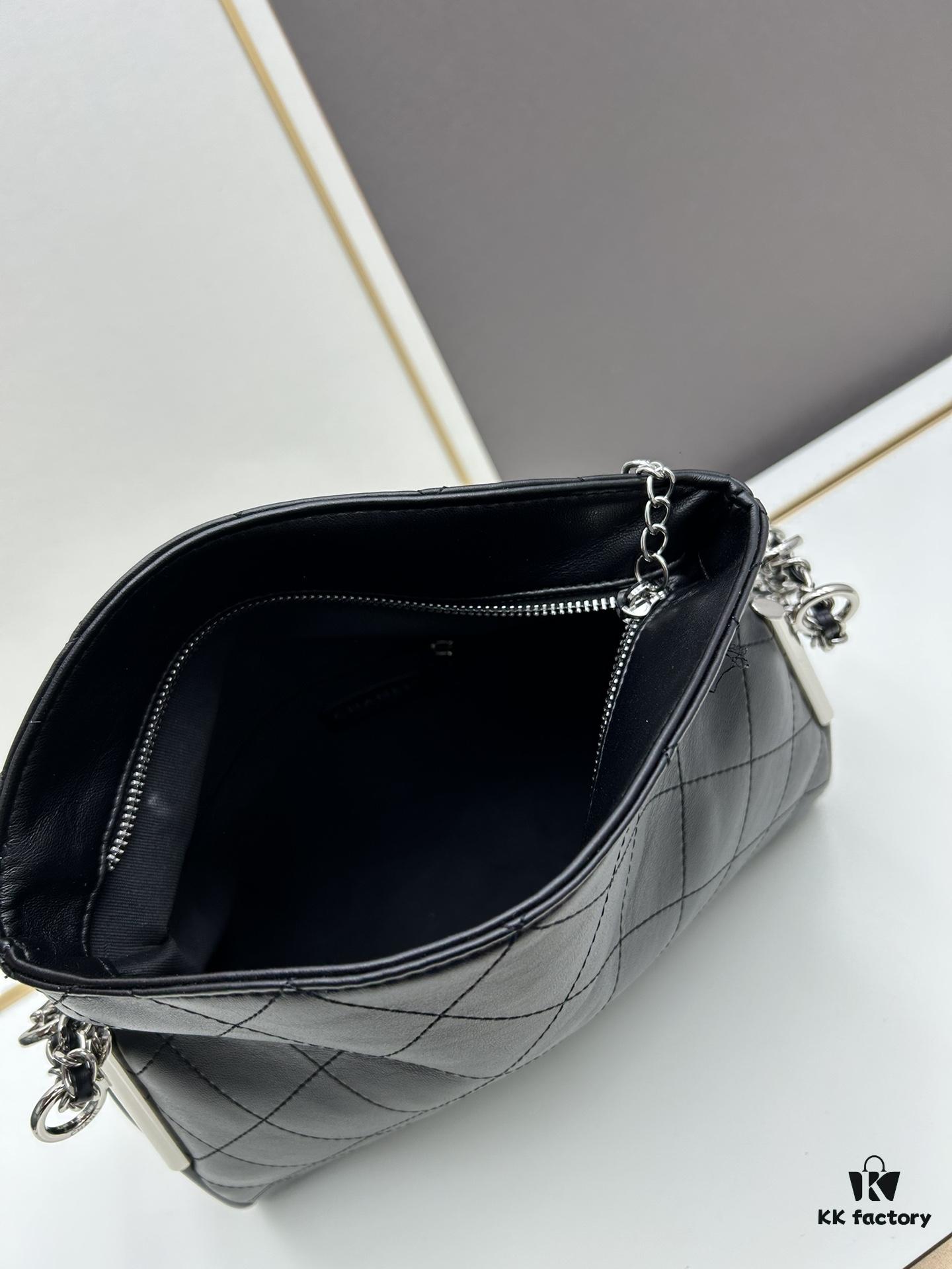 New Small Size Chanel Black Silver Exterior Stitching Hobo Bag ②size