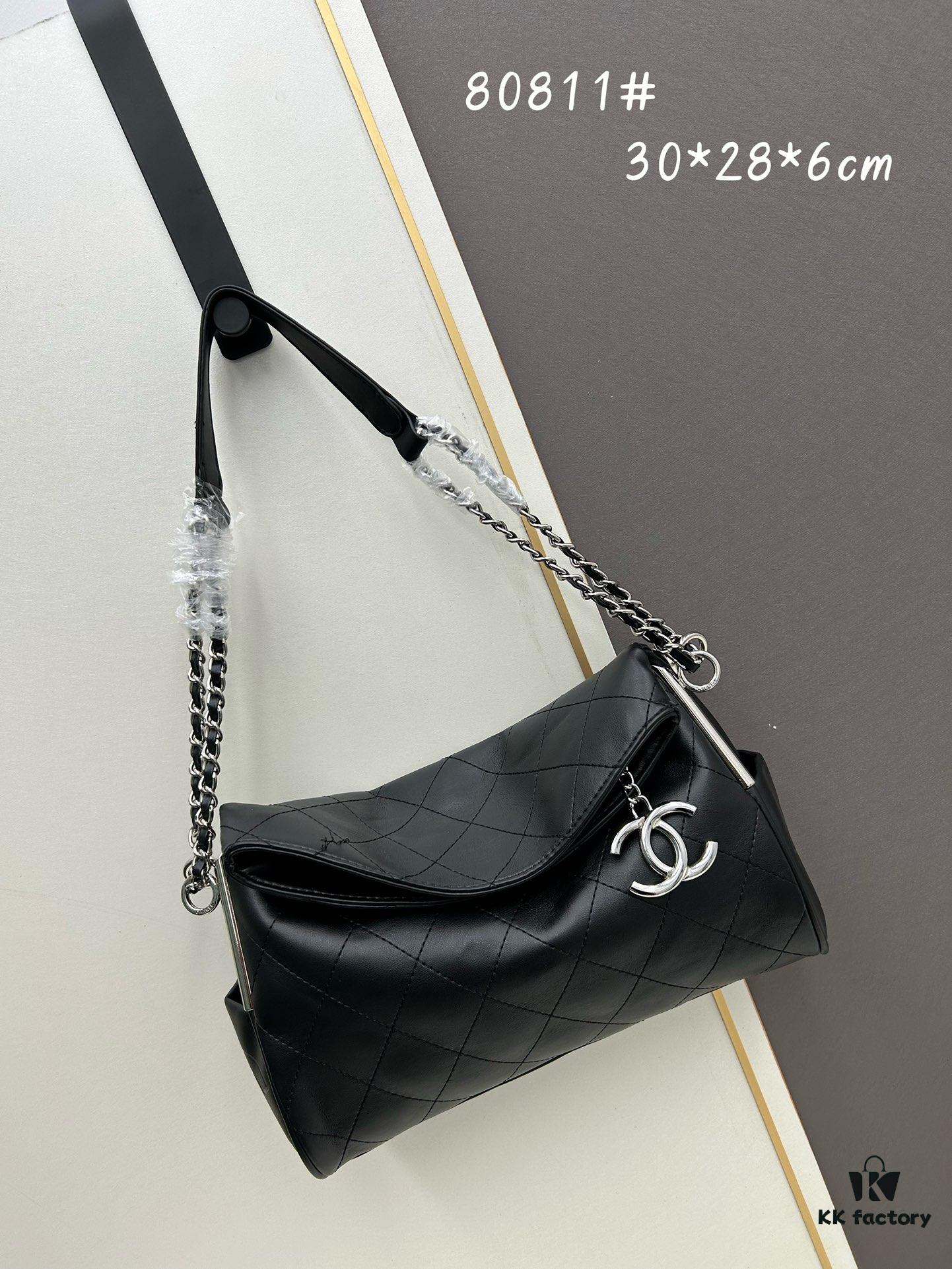 New Small Size Chanel Black Silver Exterior Stitching Hobo Bag ②size
