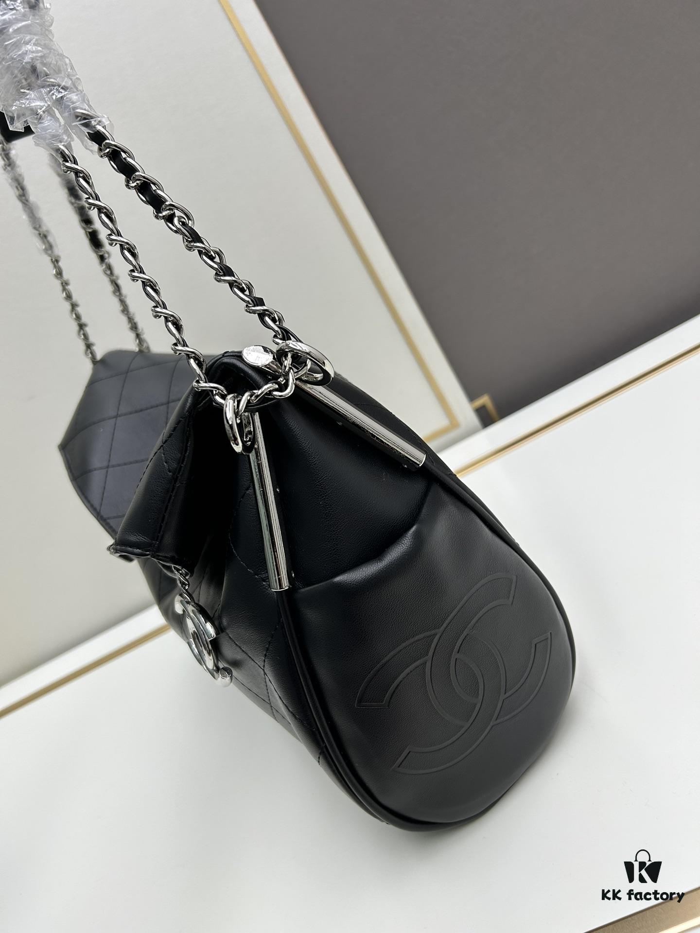 New Large-Sized Chanel Black and Silver Stitched Hobo Bag ② Size