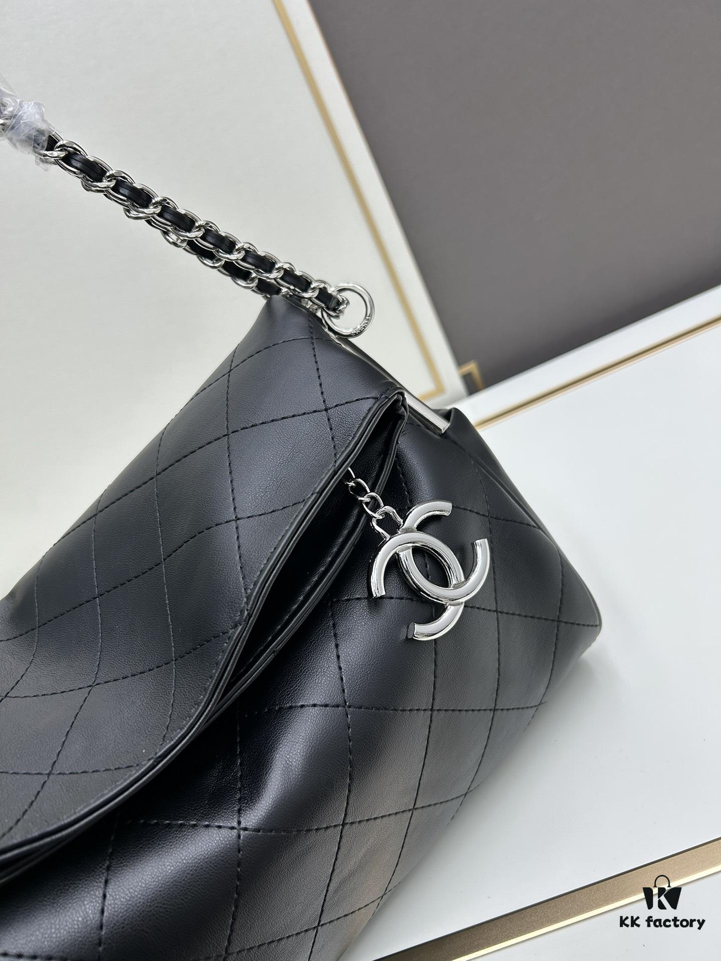 New Large-Sized Chanel Black and Silver Stitched Hobo Bag ② Size