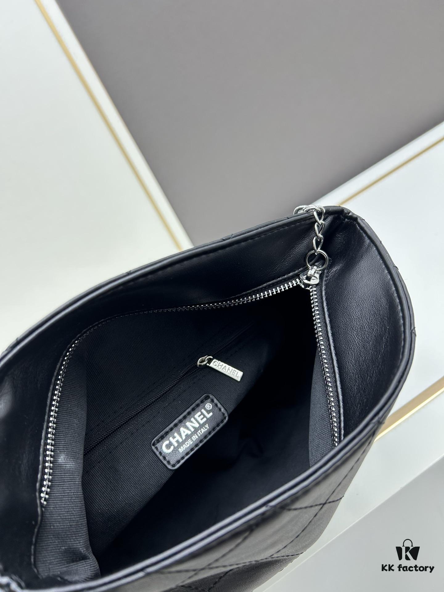 New Small Size Chanel Black Silver Exterior Stitching Hobo Bag ②size