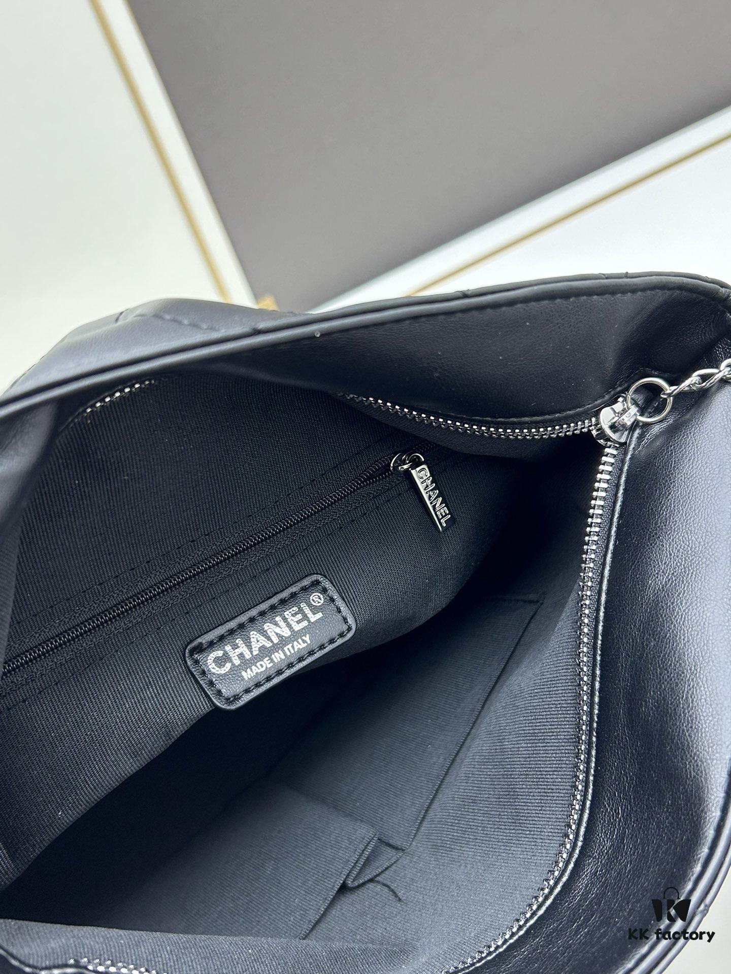 New Large-Sized Chanel Black and Silver Stitched Hobo Bag ② Size