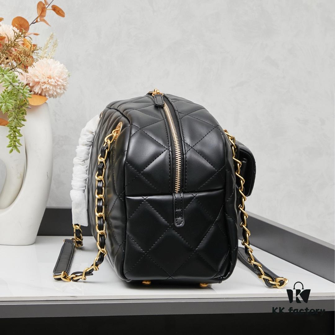 New Arrival Chanel 24A Bowling Bag in Black Crinkled Calfskin - Mini Size