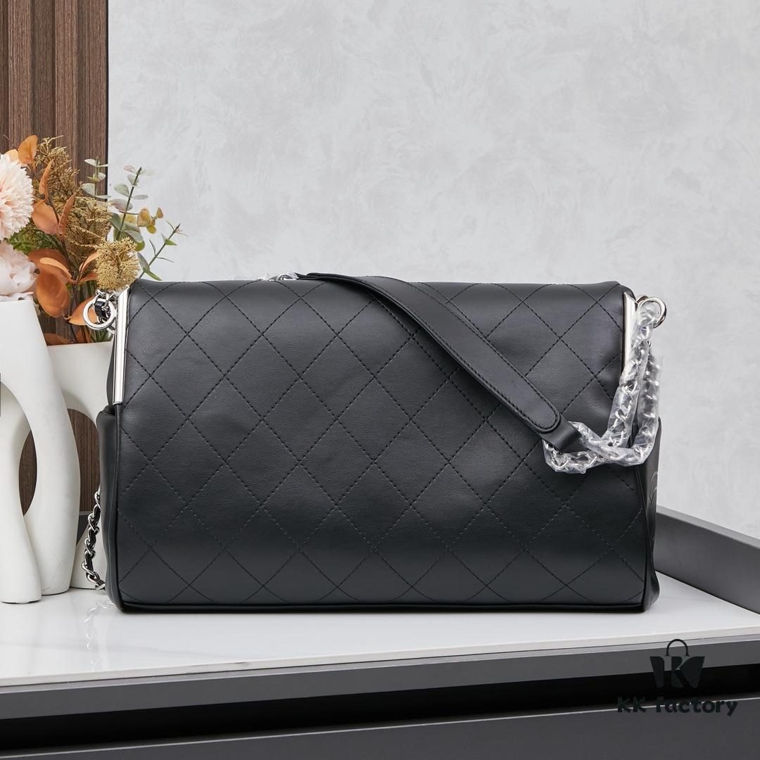 New Small Chanel Black and Silver Hobo Bag with External Stitching ② Size