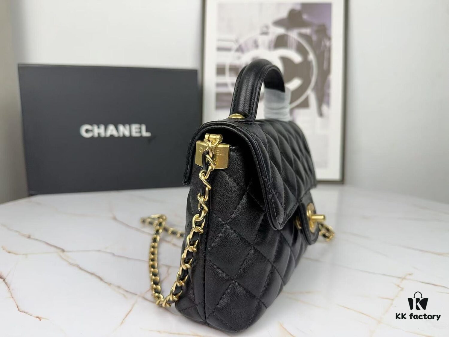 CHANEL 25P New Handle Top Handle Bag Mini in Black and Gold Lambskin