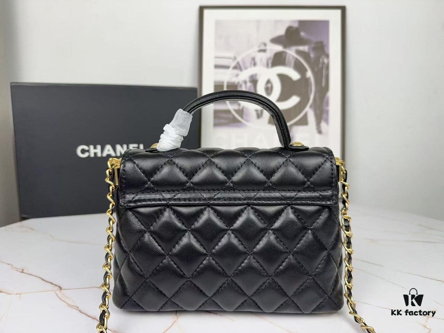 CHANEL 25P New Handle Top Handle Bag Mini in Black and Gold Lambskin
