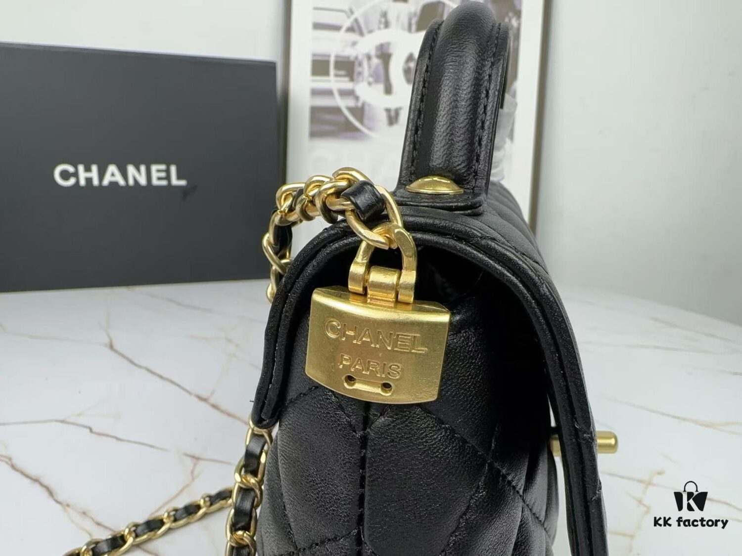 CHANEL 25P New Handle Top Handle Bag Mini in Black and Gold Lambskin