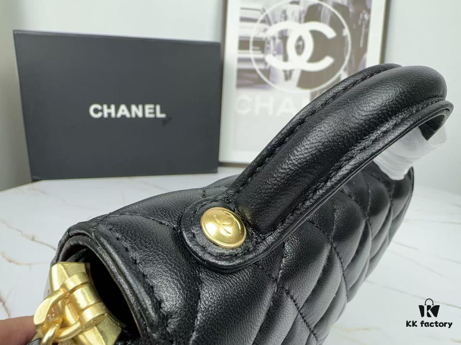 CHANEL 25P New Handle Top Handle Bag Mini in Black and Gold Lambskin