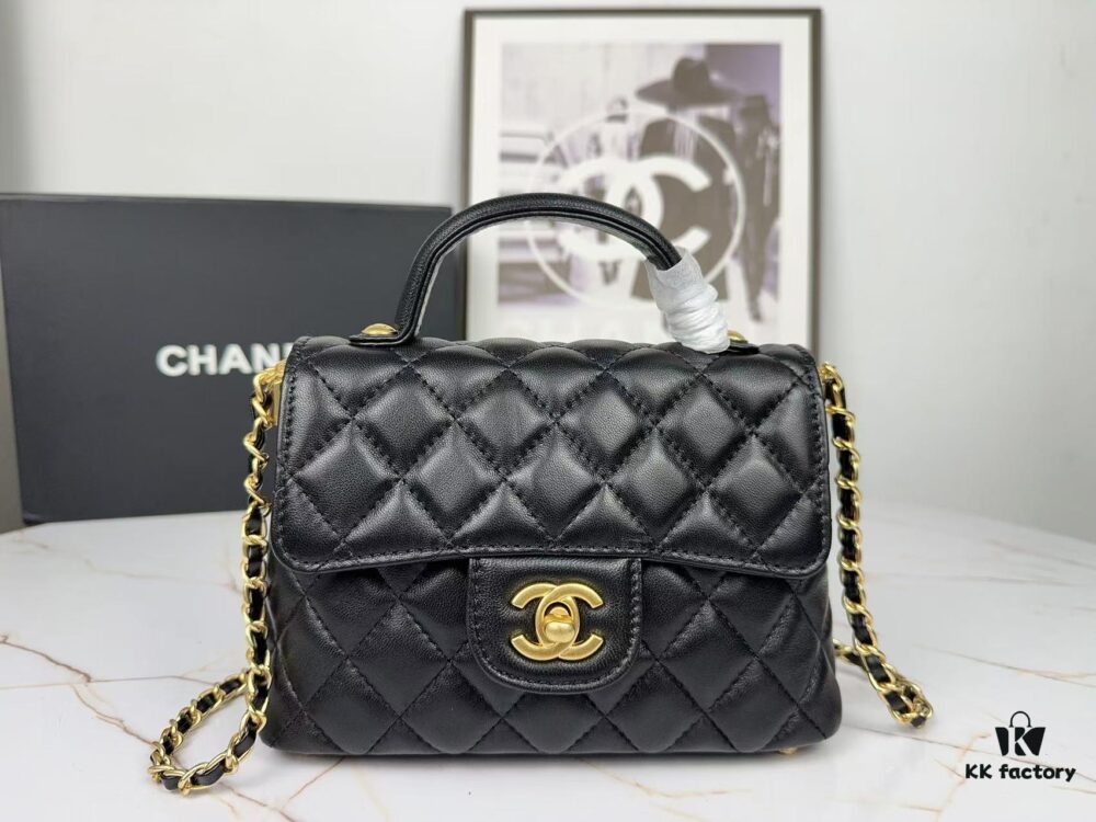 CHANEL 25P New Handle Top Handle Bag Mini in Black and Gold Lambskin