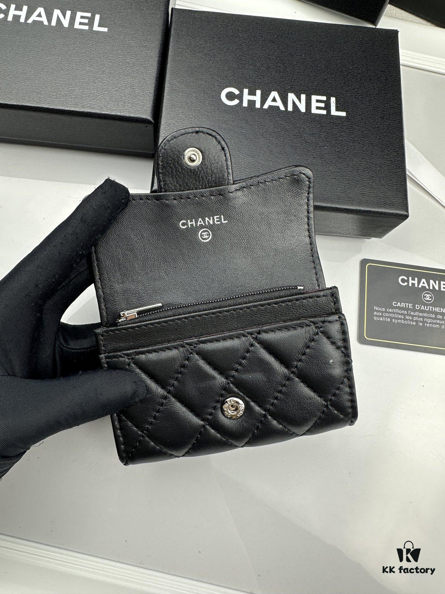 CHANEL Caviar Black / Gold 23K Classic Quilted Lambskin Wallet