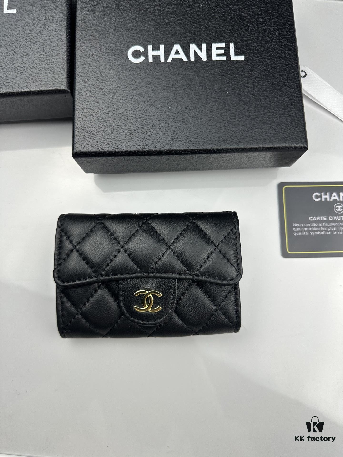 CHANEL Caviar Black / Gold 23K Classic Quilted Lambskin Wallet - New Arrival CF Mini Card Holder