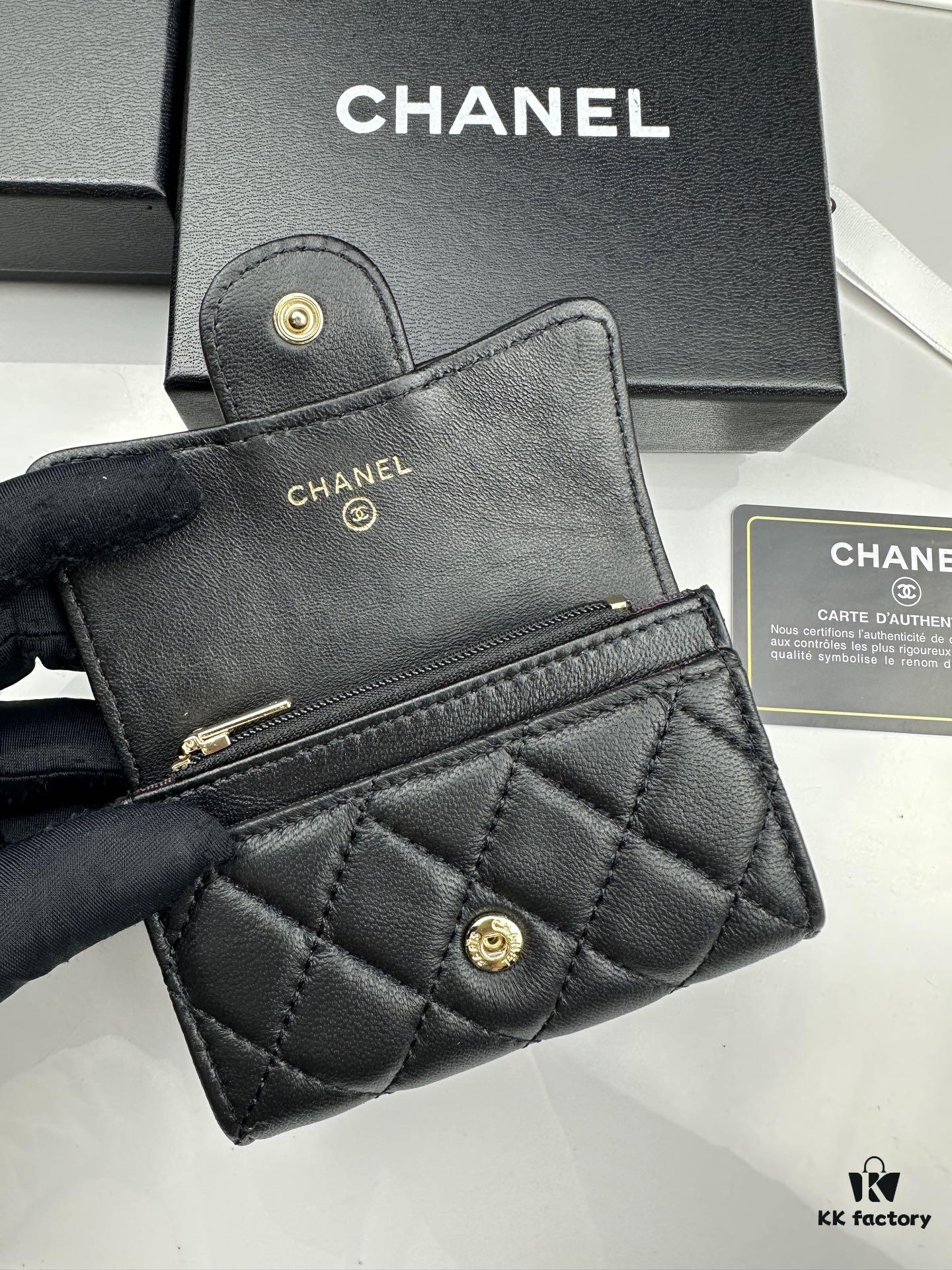 CHANEL Caviar Black / Gold 23K Classic Quilted Lambskin Wallet - New Arrival CF Mini Card Holder