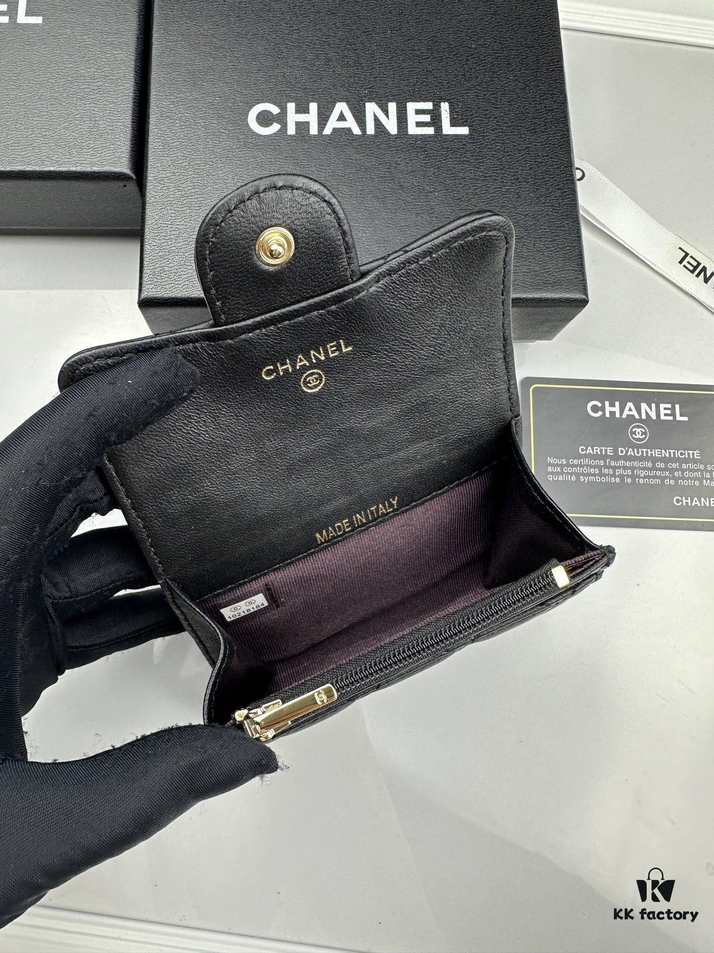 CHANEL Caviar Black / Gold 23K Classic Quilted Lambskin Wallet - New Arrival CF Mini Card Holder