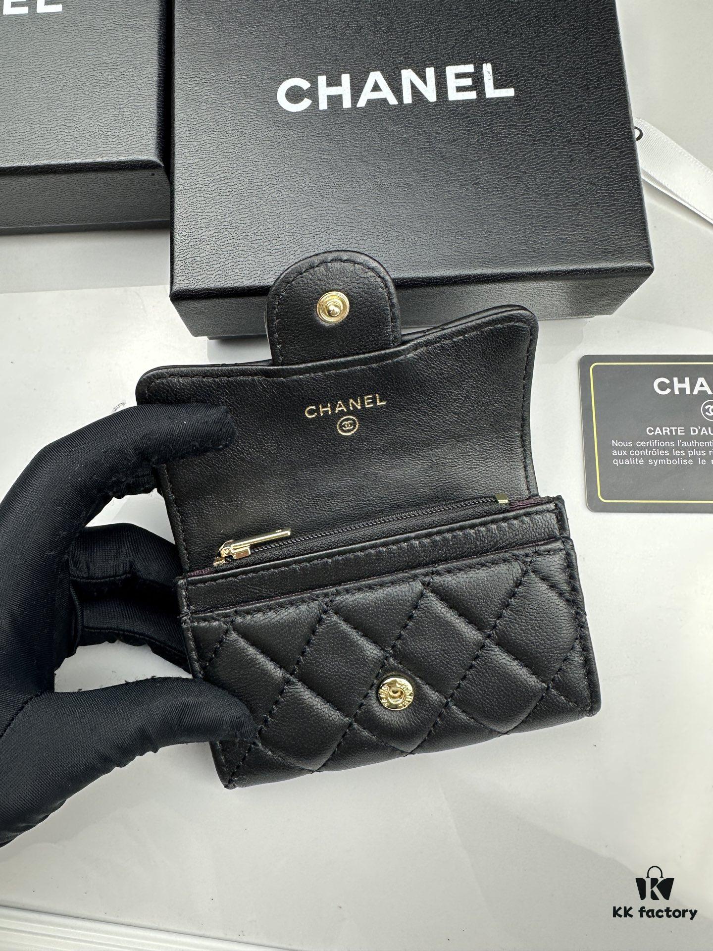 CHANEL Caviar Black / Gold 23K Classic Quilted Lambskin Wallet - New Arrival CF Mini Card Holder
