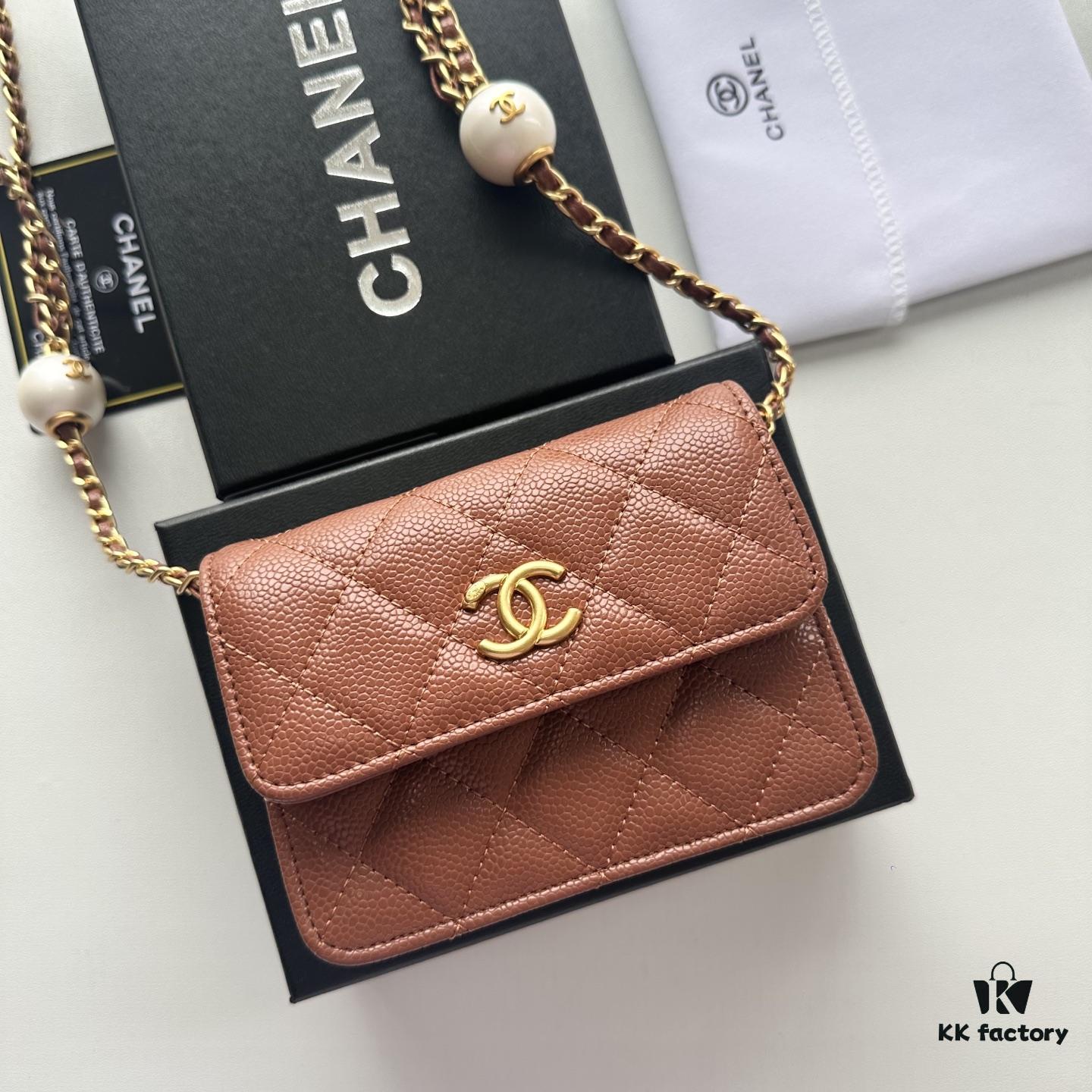Chanel Boutique Style ❤❤ Caviar Leather with Pearl and Chain Hardware, Full Leather Interior and Exterior, High-Quality Craftsmanship, Gold-Tone Clasp, Can Be Worn as Shoulder Bag, Crossbody or Waist Bag