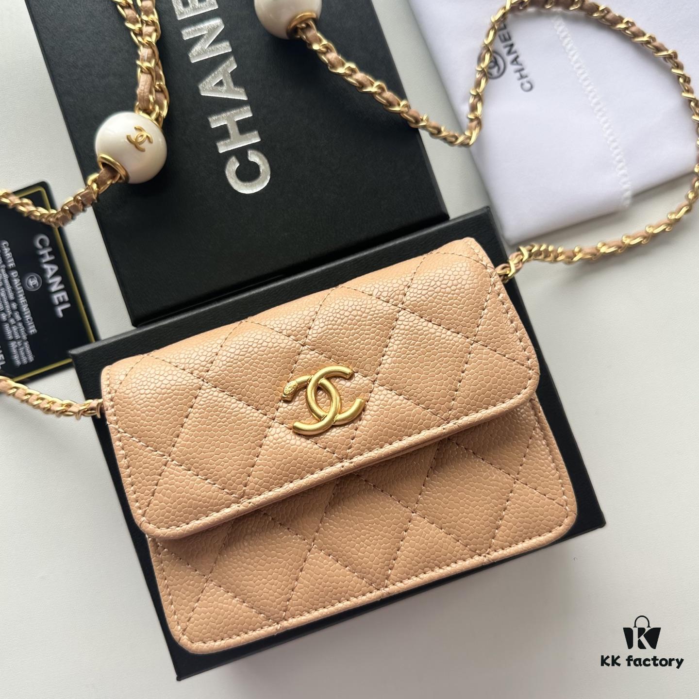Chanel Luxury Counter Model ❤❤ Caviar Leather with Pearl and Chain Hardware, Full Leather Interior and Exterior, High-Quality Craftsmanship, Gold-Tone Clasp, Can Be Worn as Shoulder Bag, Crossbody or Waist Bag