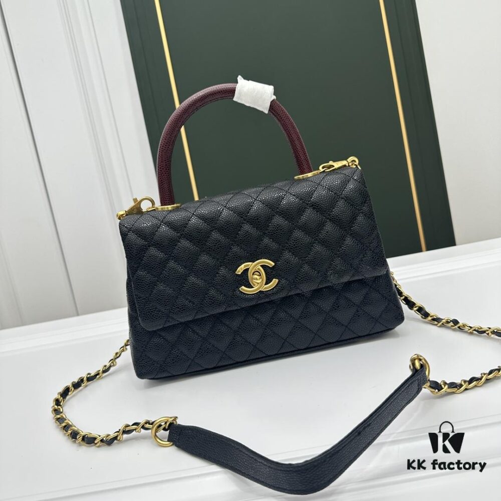 Calfskin Leather Shoulder & Top Handle Bag with Lizard Texture and Chanel-Style Hardware