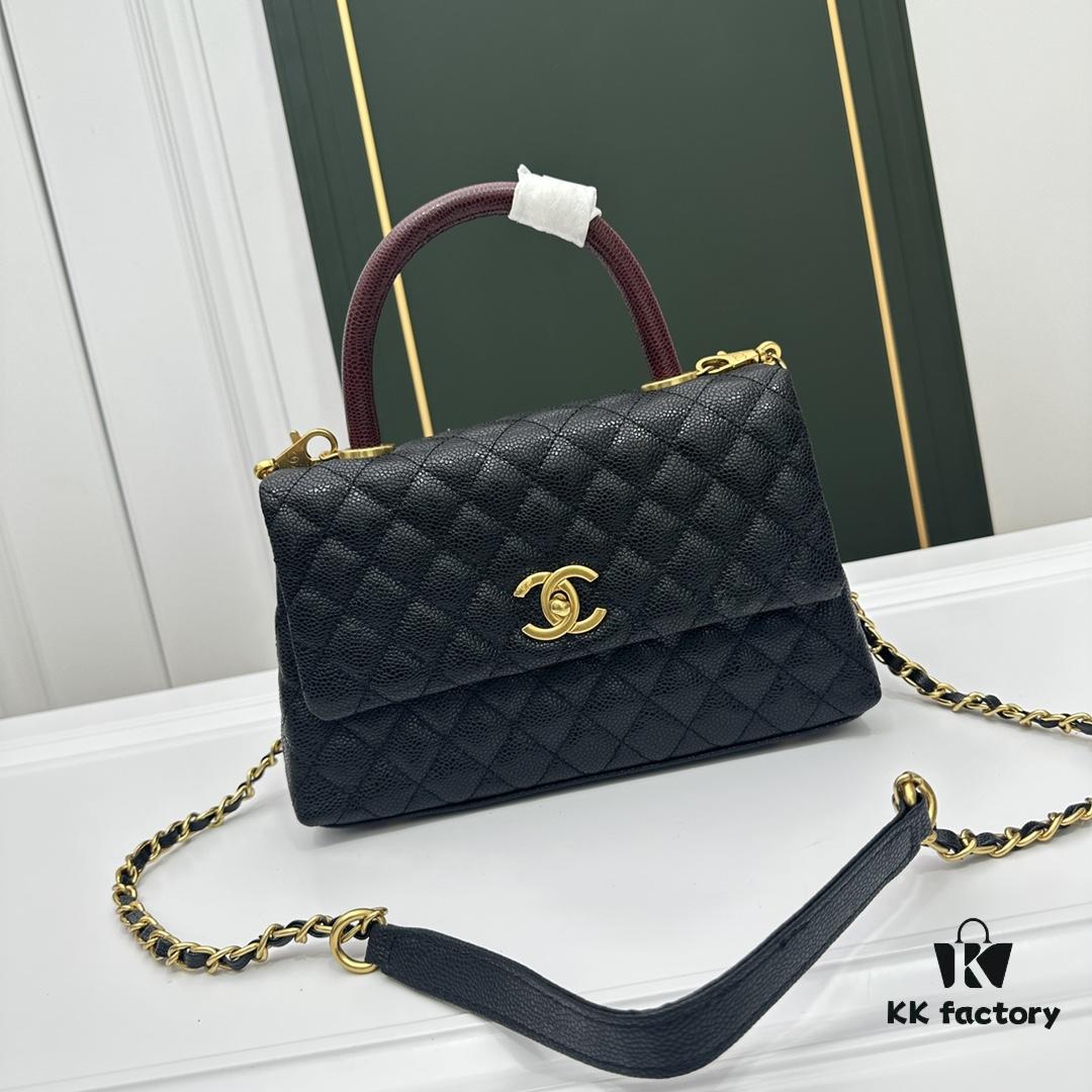 Calfskin Leather Shoulder & Top Handle Bag with Lizard Texture and Chanel-Style Hardware