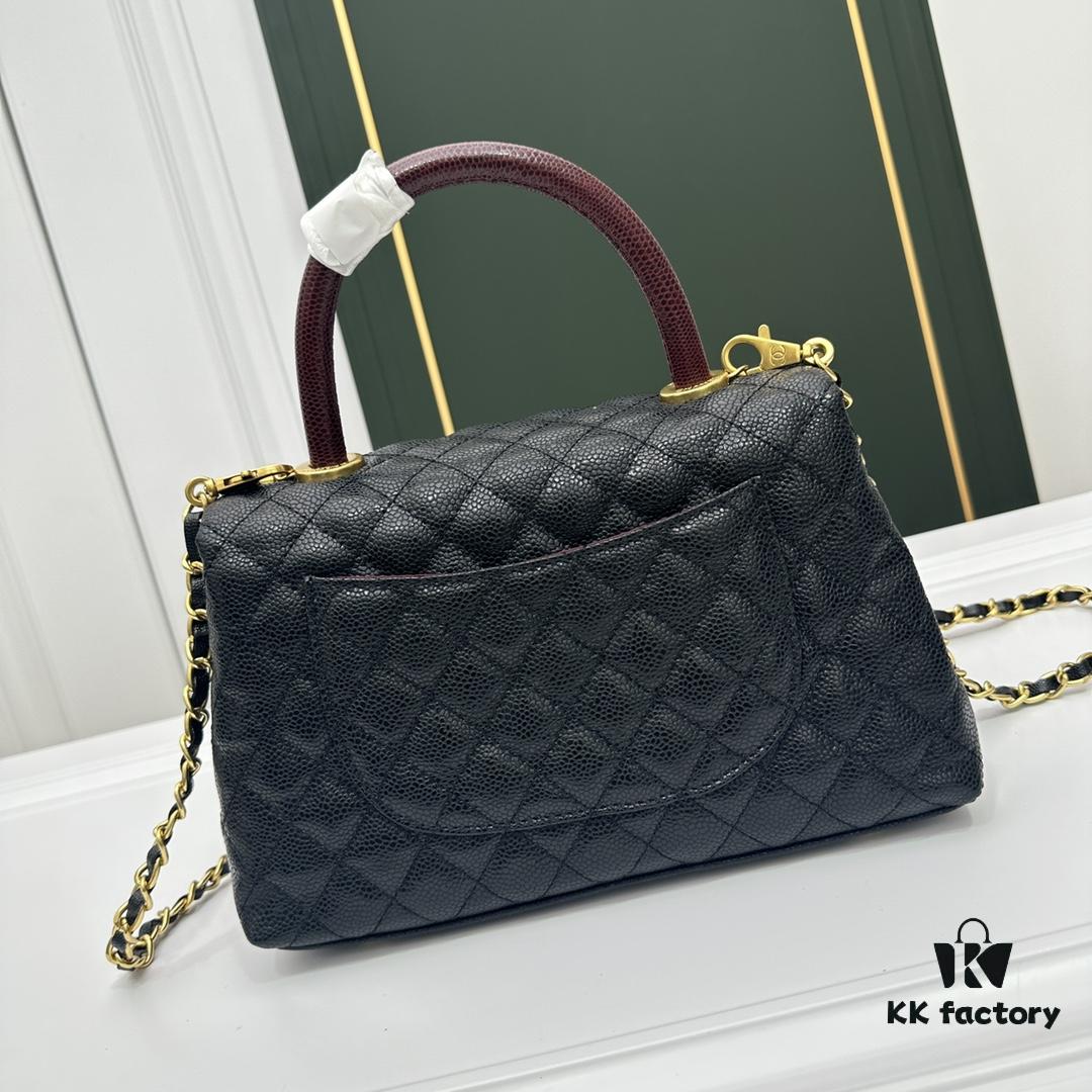 Calfskin Leather Shoulder & Top Handle Bag with Lizard Texture and Chanel-Style Hardware