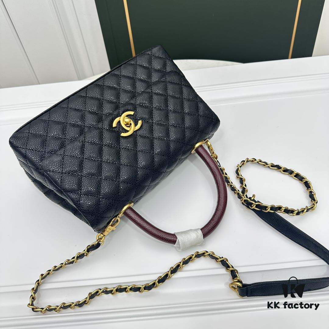 Calfskin Leather Shoulder & Top Handle Bag with Lizard Texture and Chanel-Style Hardware