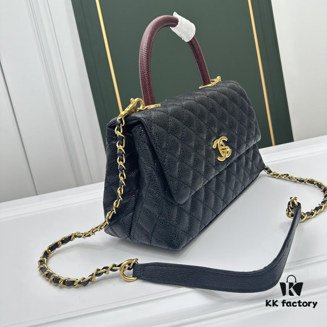 Calfskin Leather Shoulder & Top Handle Bag with Lizard Texture and Chanel-Style Hardware