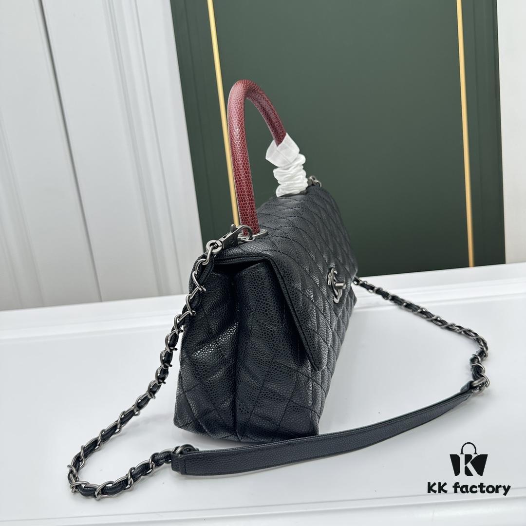 Calfskin Leather Shoulder & Top Handle Bag with Lizard Texture and Chanel-Style Hardware