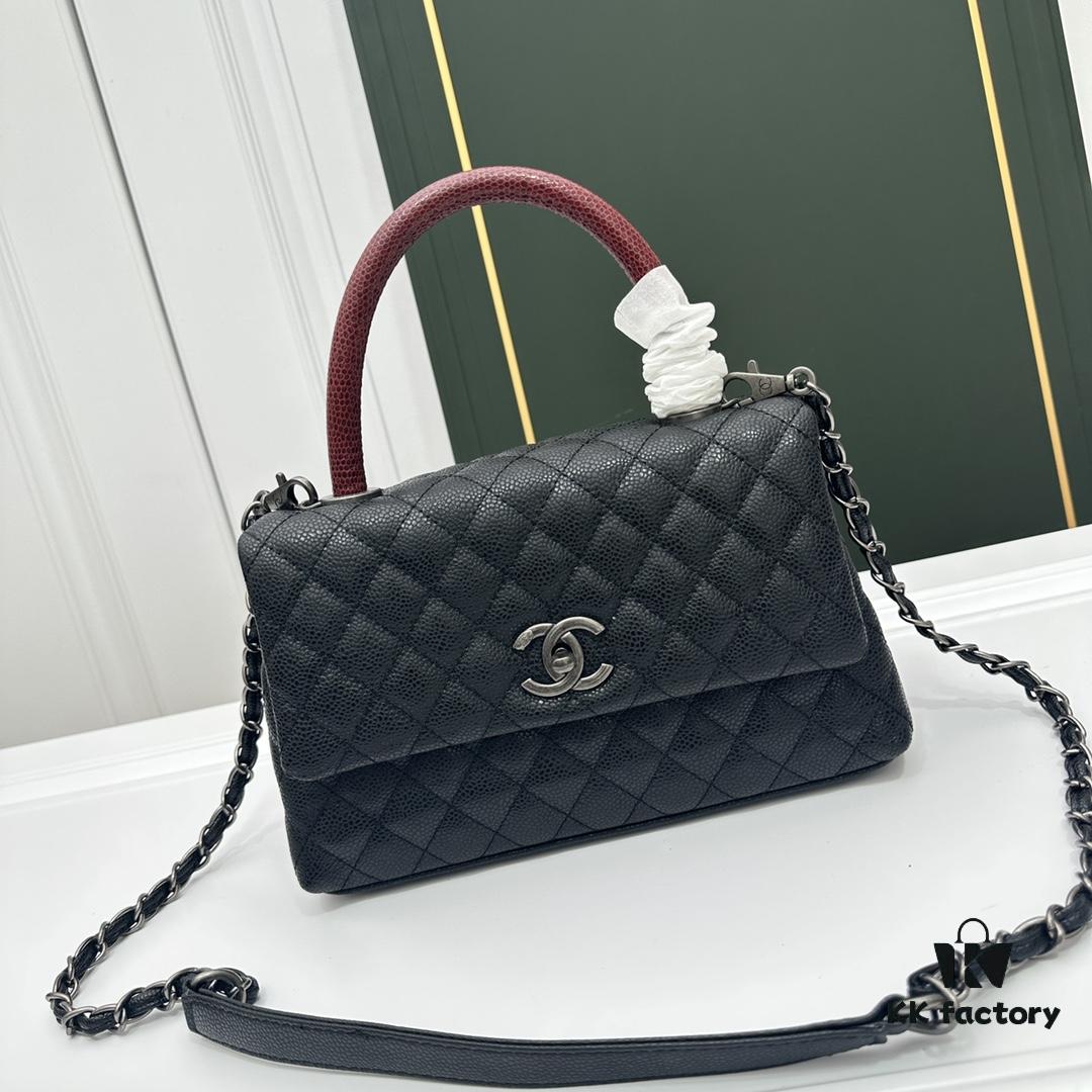 Calfskin Leather Shoulder & Top Handle Bag with Lizard Texture and Chanel-Style Hardware