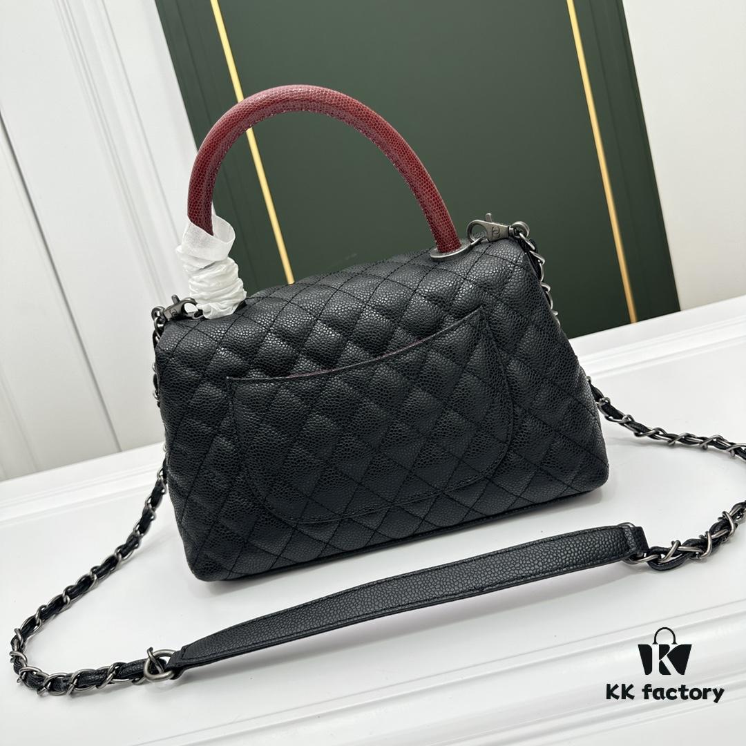 Calfskin Leather Shoulder & Top Handle Bag with Lizard Texture and Chanel-Style Hardware