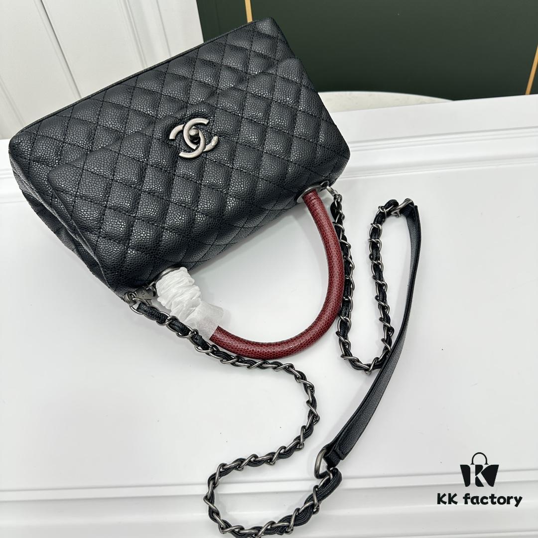 Calfskin Leather Shoulder & Top Handle Bag with Lizard Texture and Chanel-Style Hardware