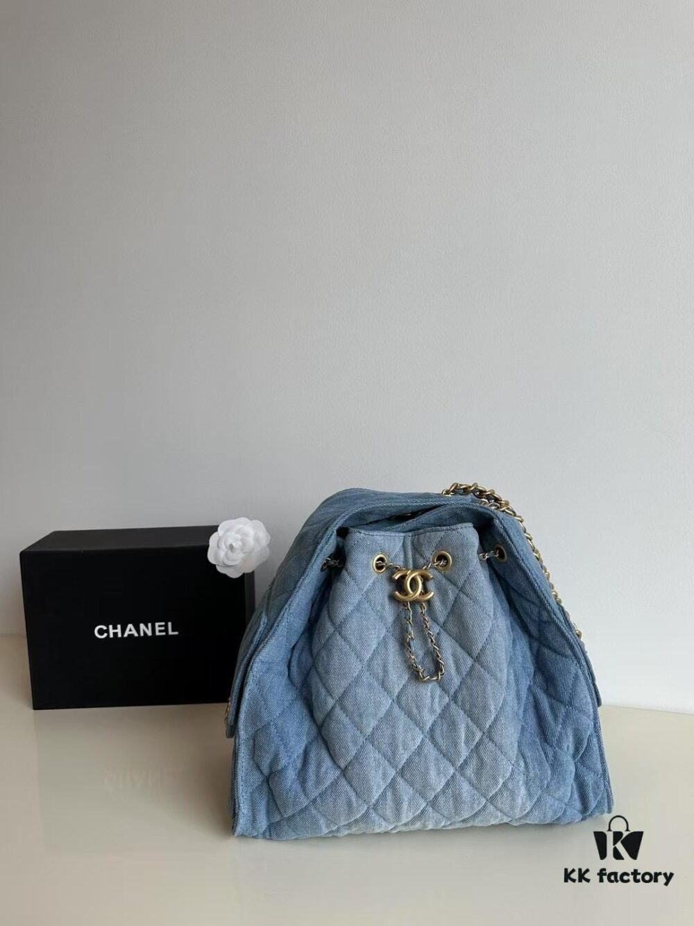 Chanel Washed Denim 25C Hobo Bag with Quilted Ball Texture, Vintage Coin Buckle Drawstring Bucket Bag in Retro Black and Gold with Diamond Stitching and Classic Chain Design