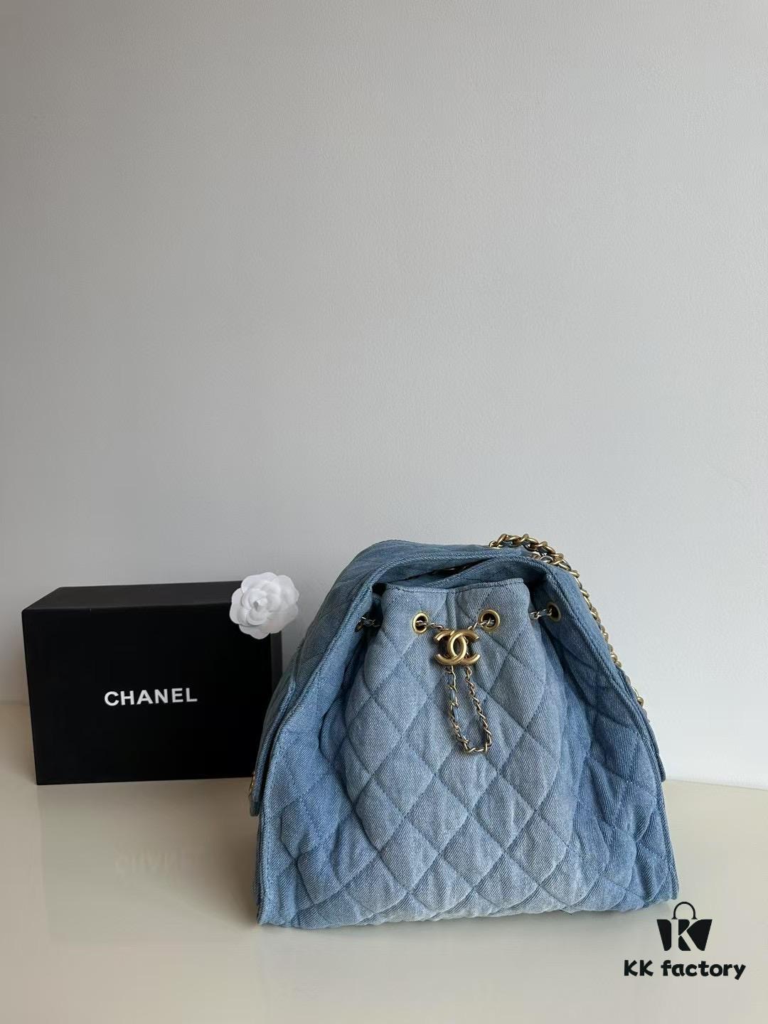 Chanel Washed Denim 25C Hobo Bag with Quilted Ball Texture, Vintage Coin Buckle Drawstring Bucket Bag in Retro Black and Gold with Diamond Stitching and Classic Chain Design