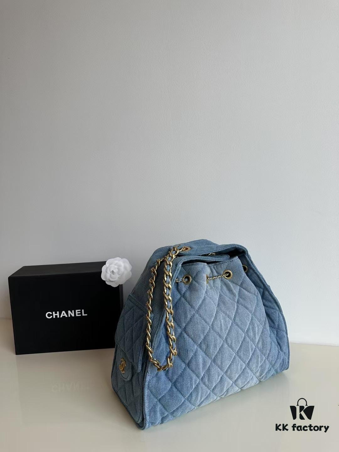 Chanel Washed Denim 25C Hobo Bag with Quilted Ball Texture, Vintage Coin Buckle Drawstring Bucket Bag in Retro Black and Gold with Diamond Stitching and Classic Chain Design