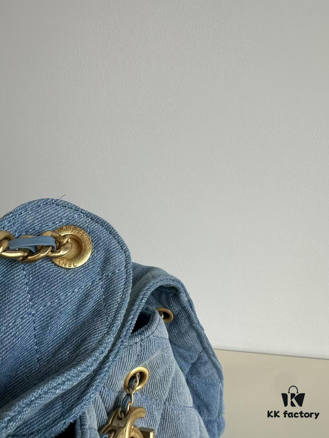 Chanel Washed Denim 25C Hobo Bag with Quilted Ball Texture, Vintage Coin Buckle Drawstring Bucket Bag in Retro Black and Gold with Diamond Stitching and Classic Chain Design