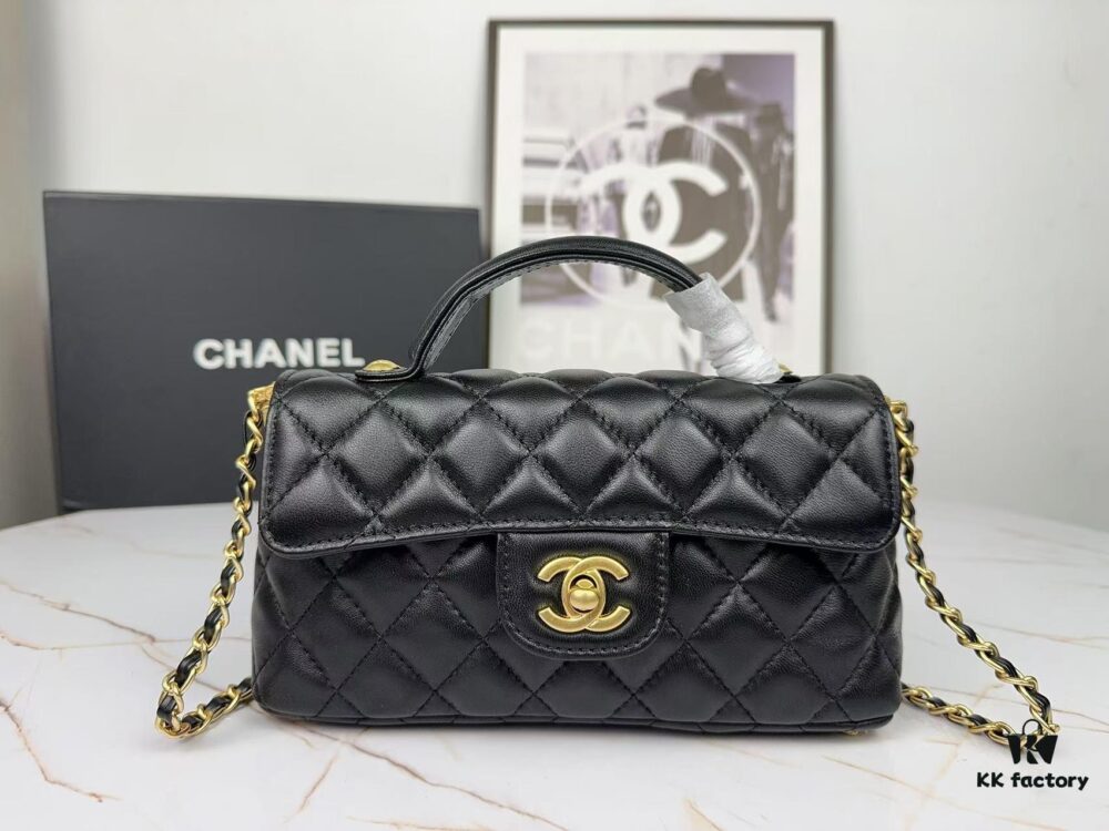 CHANEL 25P New Handle Top Handle Bag Mini in Black and Gold Lambskin