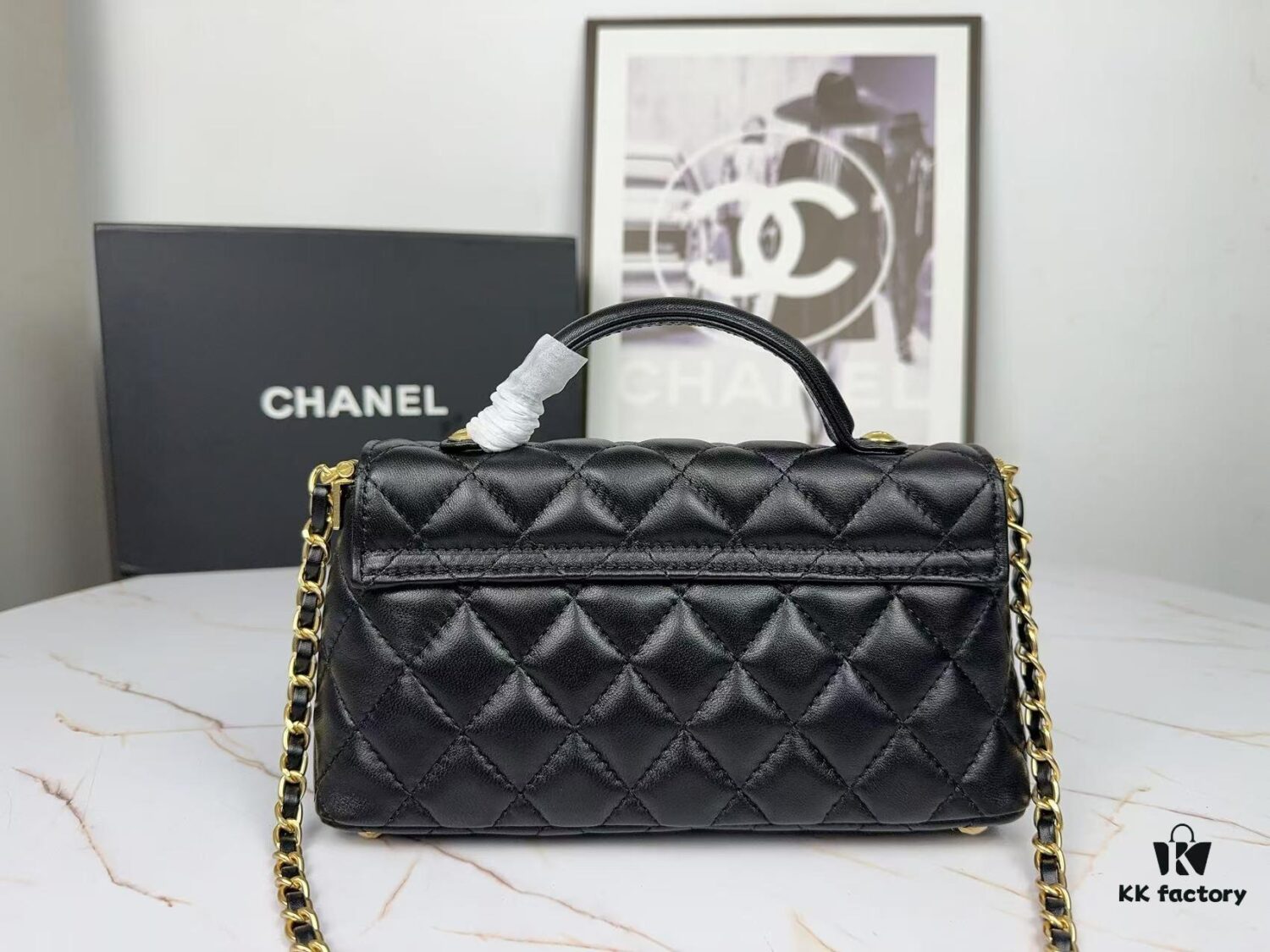 CHANEL 25P New Handle Top Handle Bag Mini in Black and Gold Lambskin