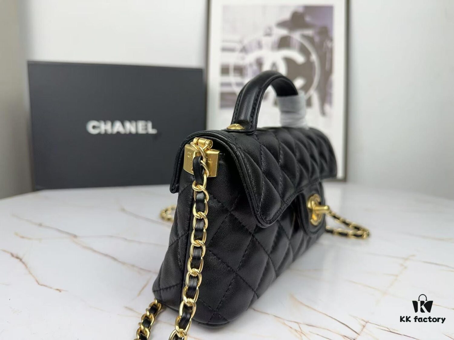 CHANEL 25P New Handle Top Handle Bag Mini in Black and Gold Lambskin