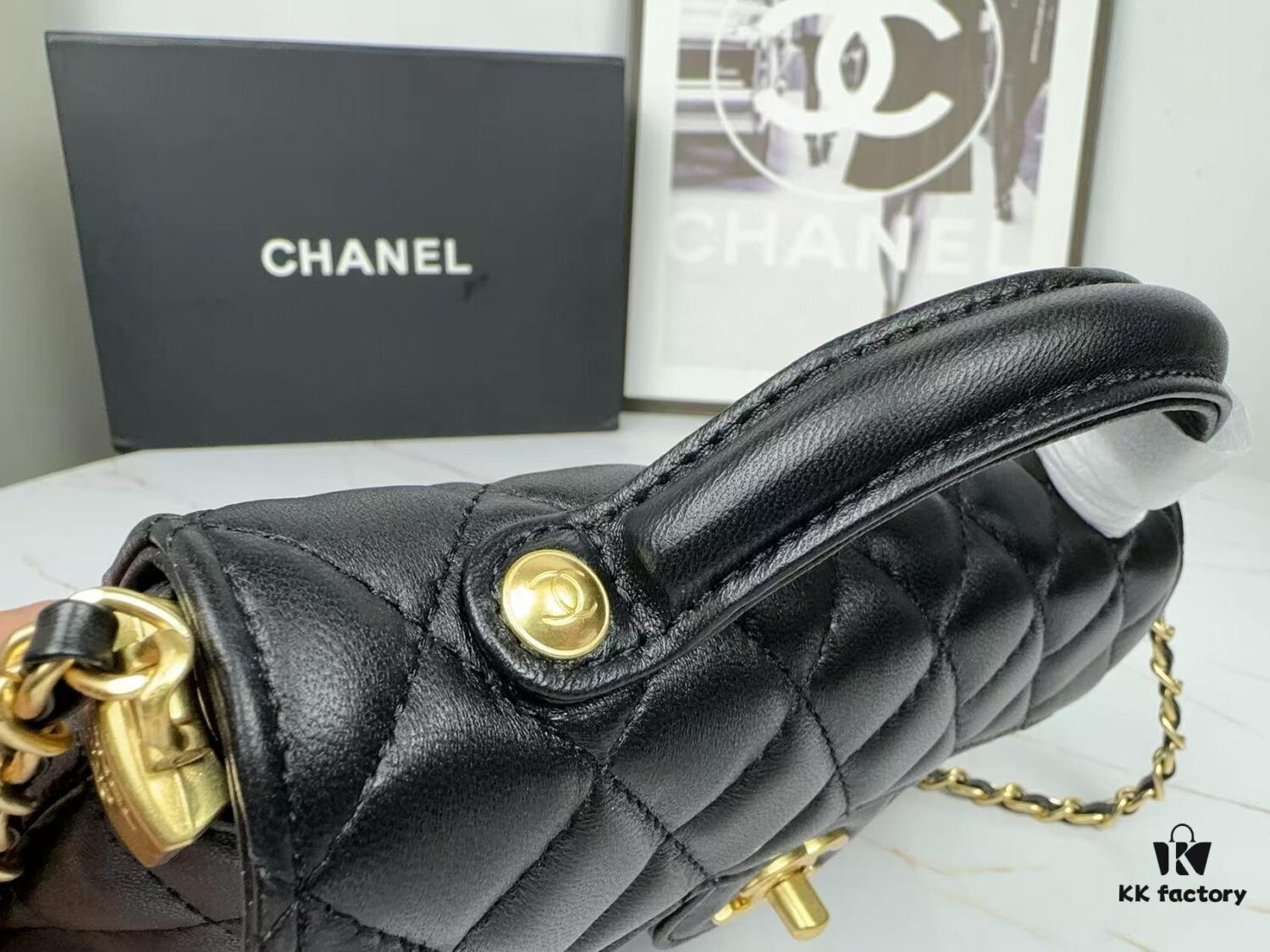 CHANEL 25P New Handle Top Handle Bag Mini in Black and Gold Lambskin