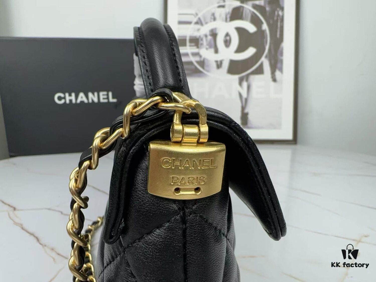 CHANEL 25P New Handle Top Handle Bag Mini in Black and Gold Lambskin