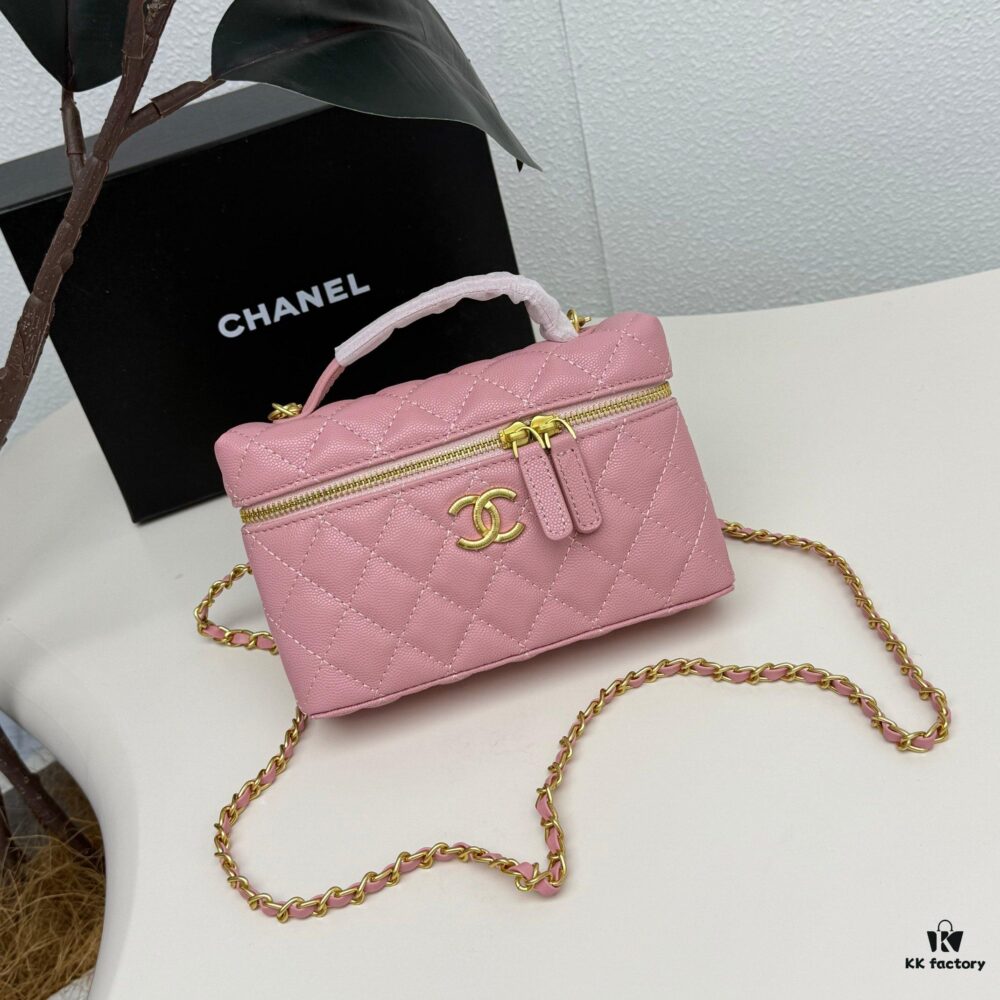 Genuine Top Grain Calfskin CHANEL 25P Black Gold Brushed Logo Flat Box Bag