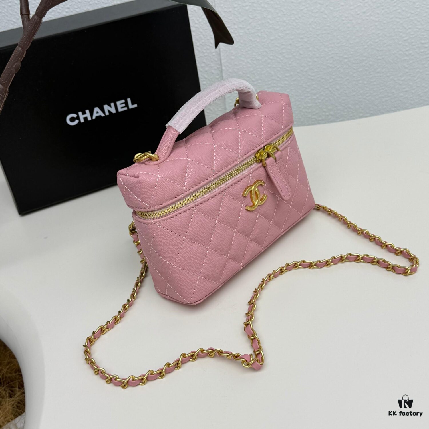 Genuine Top Grain Calfskin CHANEL 25P Black Gold Brushed Logo Flat Box Bag