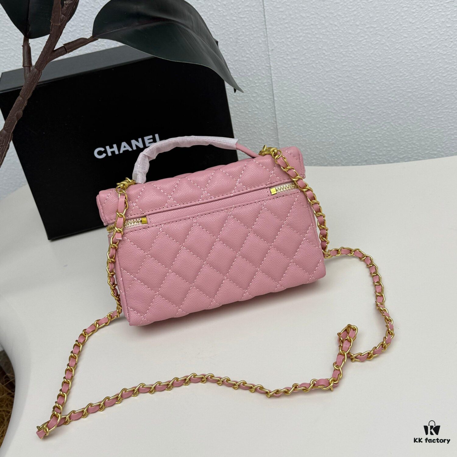 Genuine Top Grain Calfskin CHANEL 25P Black Gold Brushed Logo Flat Box Bag