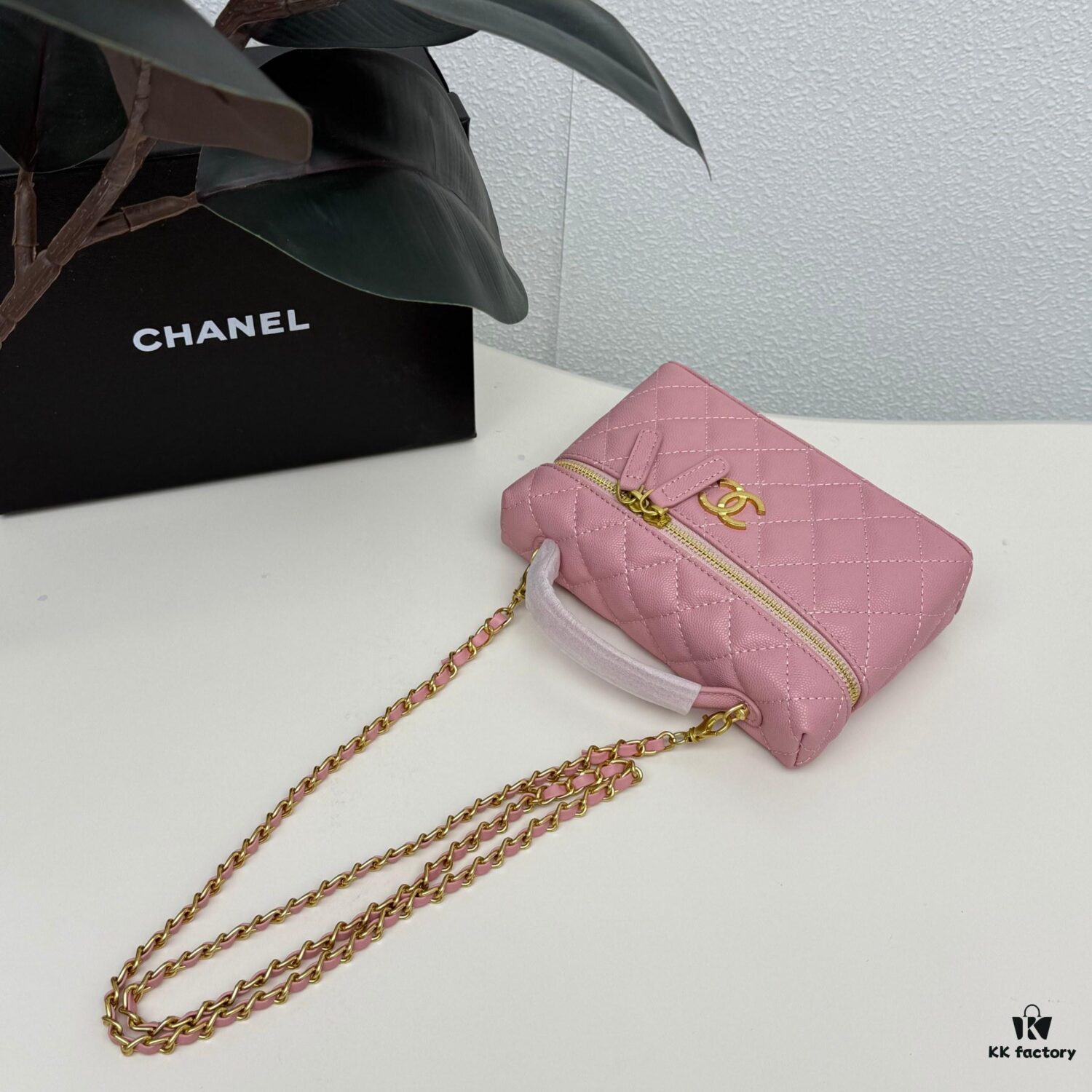 Genuine Top Grain Calfskin CHANEL 25P Black Gold Brushed Logo Flat Box Bag