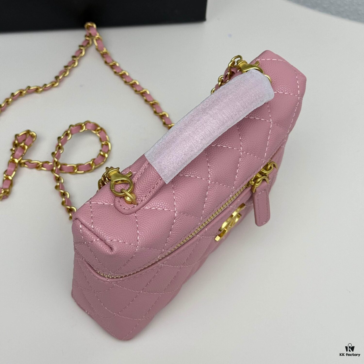 Genuine Top Grain Calfskin CHANEL 25P Black Gold Brushed Logo Flat Box Bag