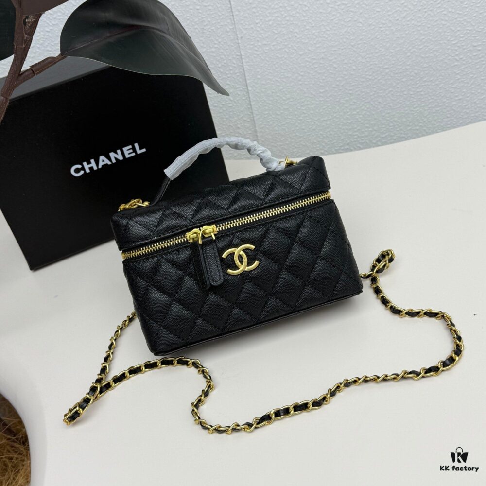 CHANEL 25P Black and Gold Brushed Logo Flat Box Bag in Top-Grain Caviar Leather