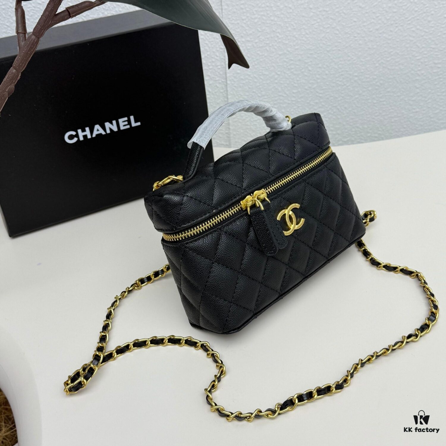 CHANEL 25P Black and Gold Brushed Logo Flat Box Bag in Top-Grain Caviar Leather
