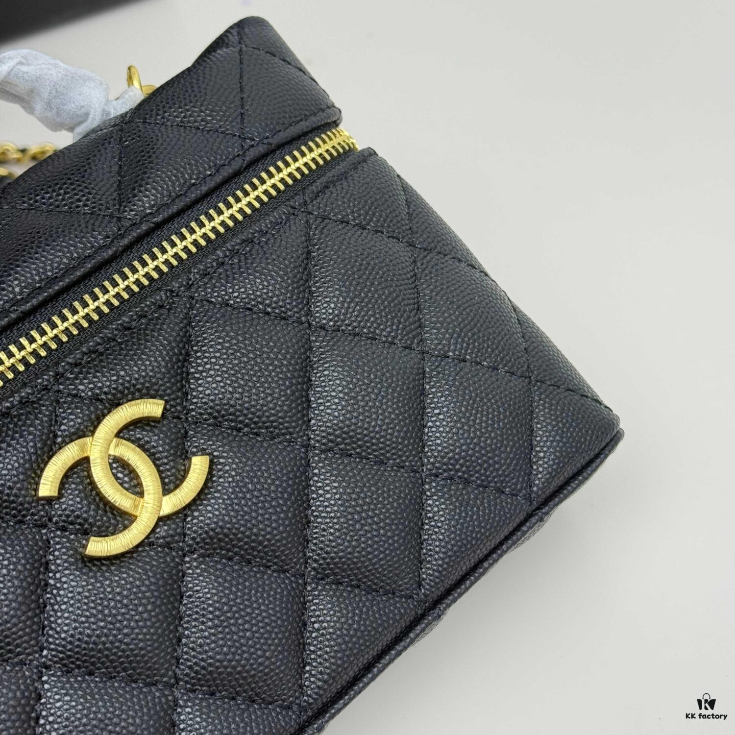 CHANEL 25P Black and Gold Brushed Logo Flat Box Bag in Top-Grain Caviar Leather